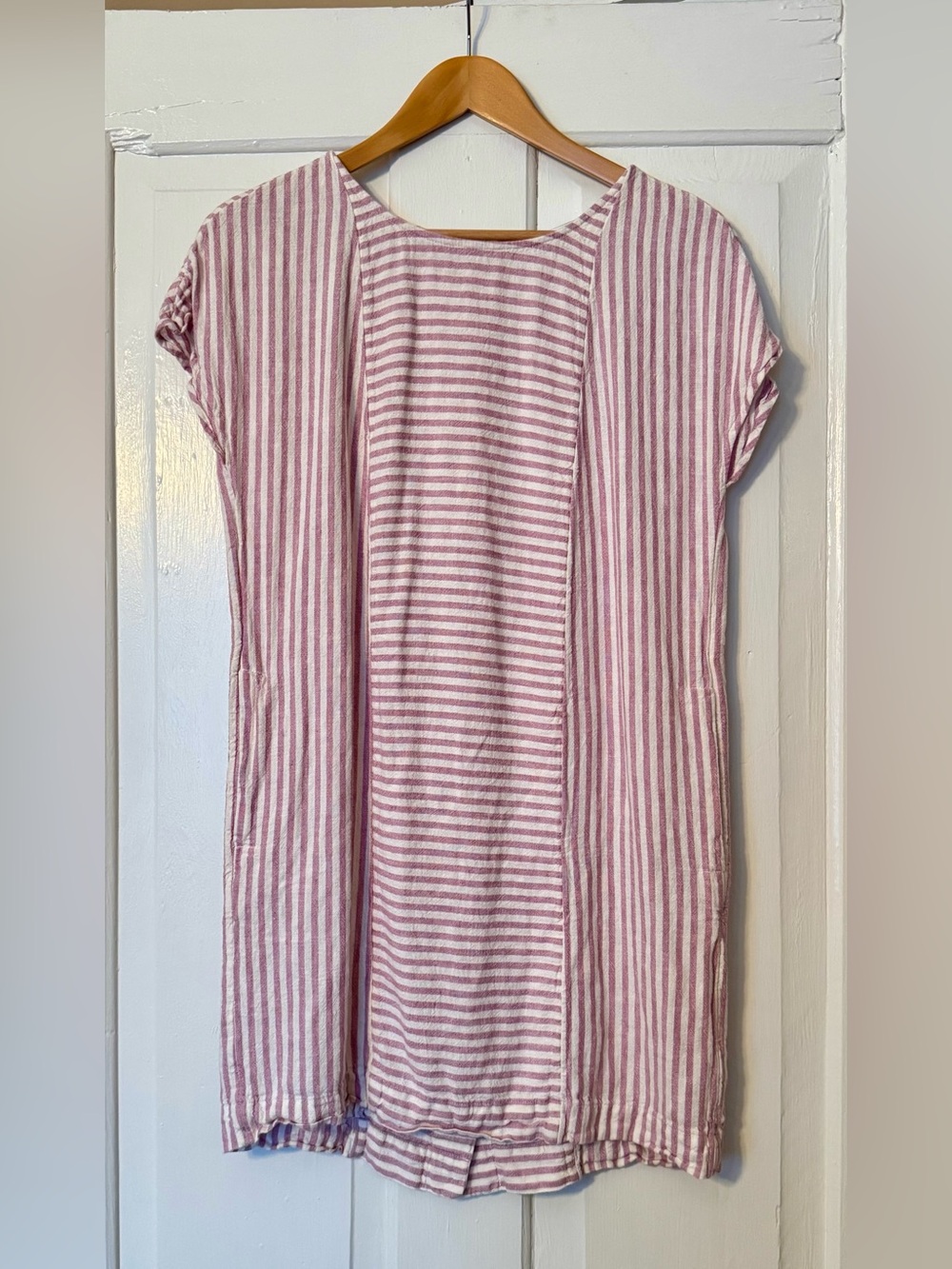 Madewell Lavender & White Striped Short Sleeve Tunic Dress with Button Down Back
